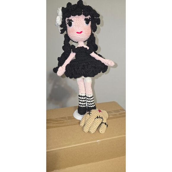 Handmade Crochet Wednesday Addams Doll with “Thing” Companion - Picture 10 of 14